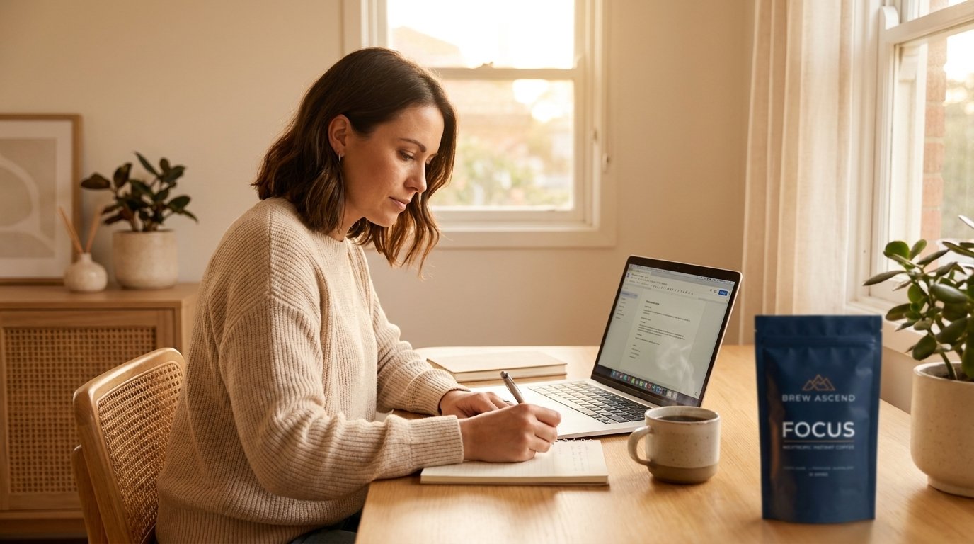 Deep-work morning: notebook, laptop and a mug of ASCEND FOCUS