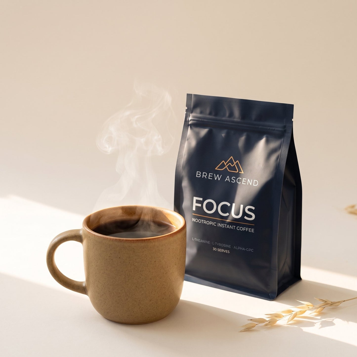 A freshly poured hot cup of ASCEND FOCUS beside the pouch