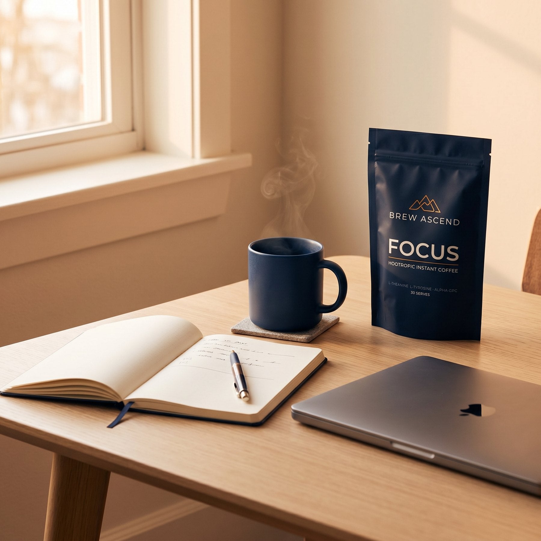 ASCEND FOCUS on a calm morning deep-work desk with notebook and laptop
