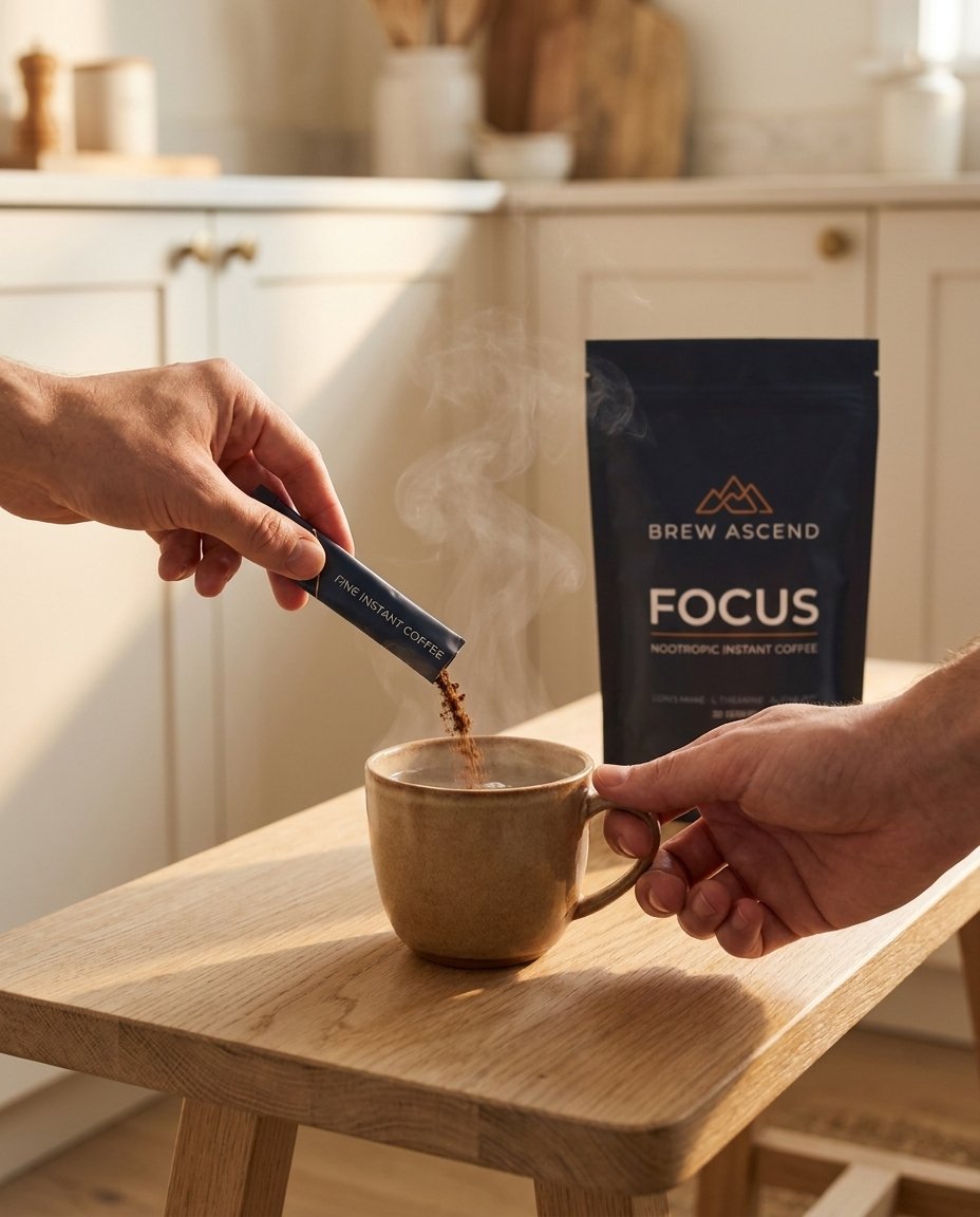 Hands emptying an ASCEND FOCUS sachet into a steaming cup